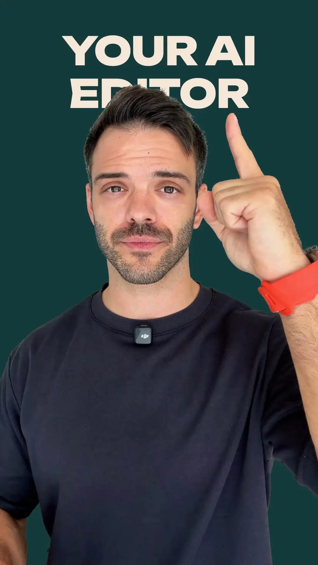 A frame from the Reel: Denis cut out from his background against deep green, with the title YOUR AI EDITOR behind him.
